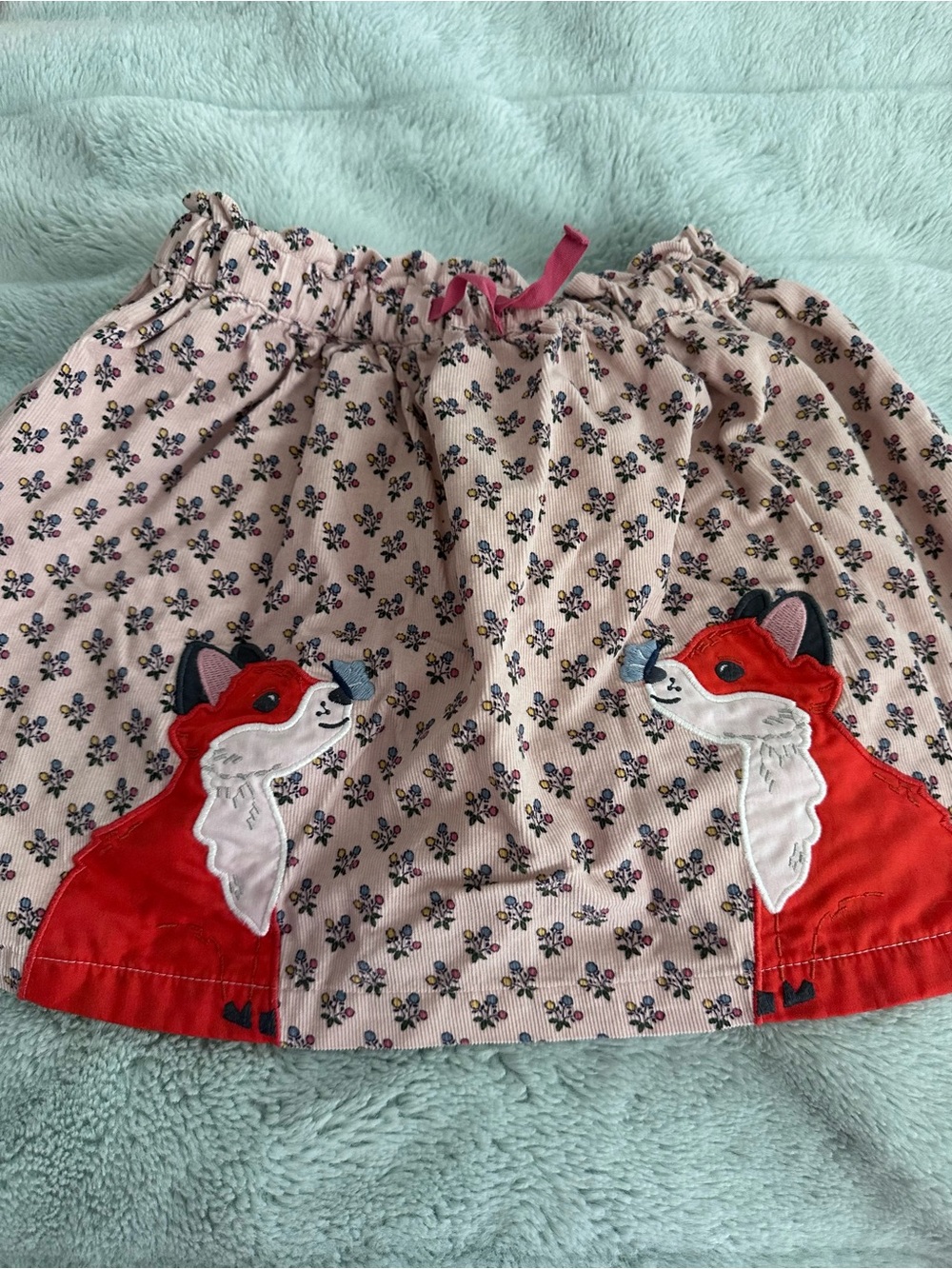Mini Boden Pink Corduroy Floral Skirt with Red Fox Appliqués